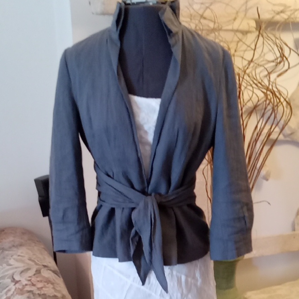 Unique Gray Linen Blend Tie-Waist Jacket